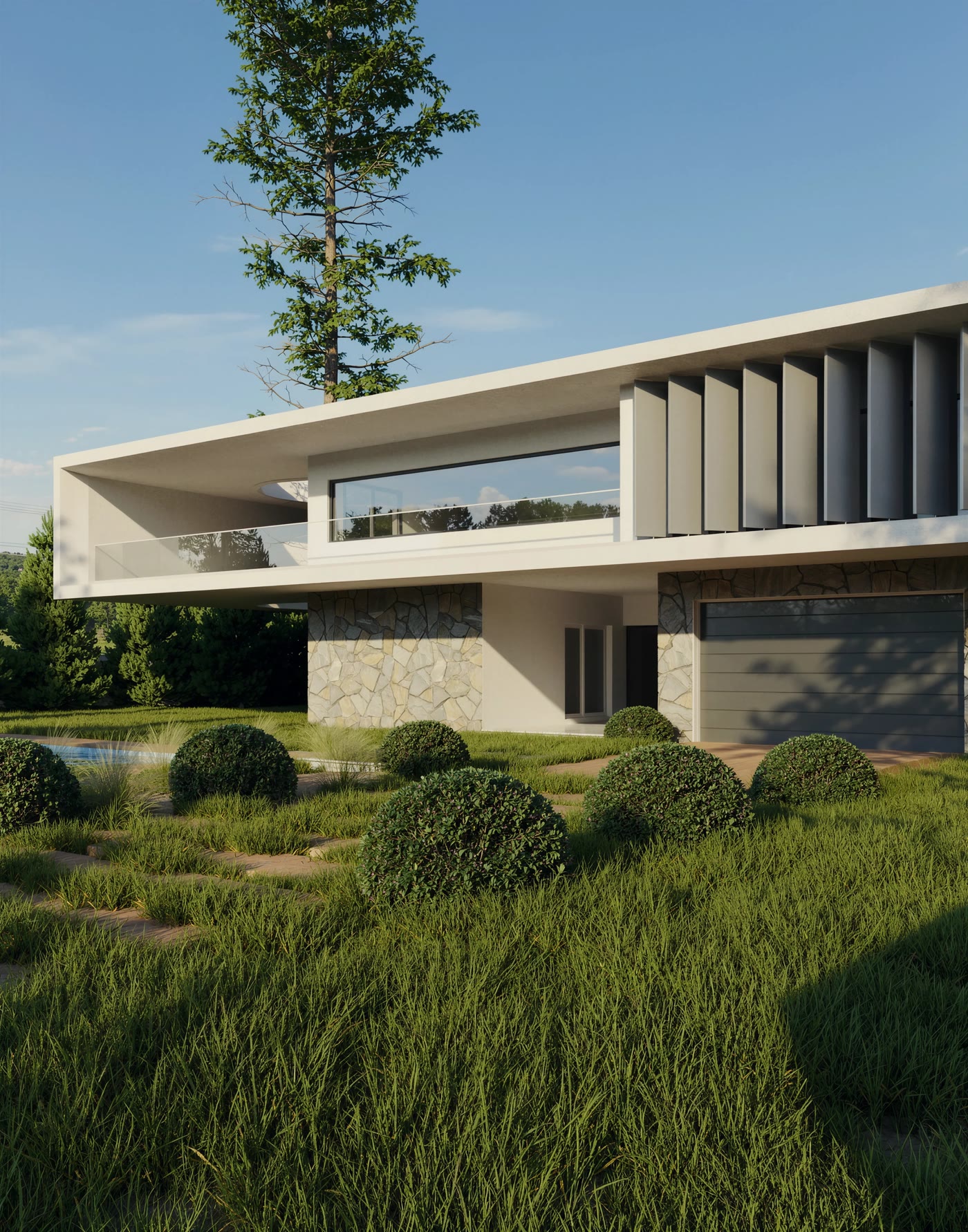 BC Villa, güneş kırıcılar ve taş duvar yakın görünüm