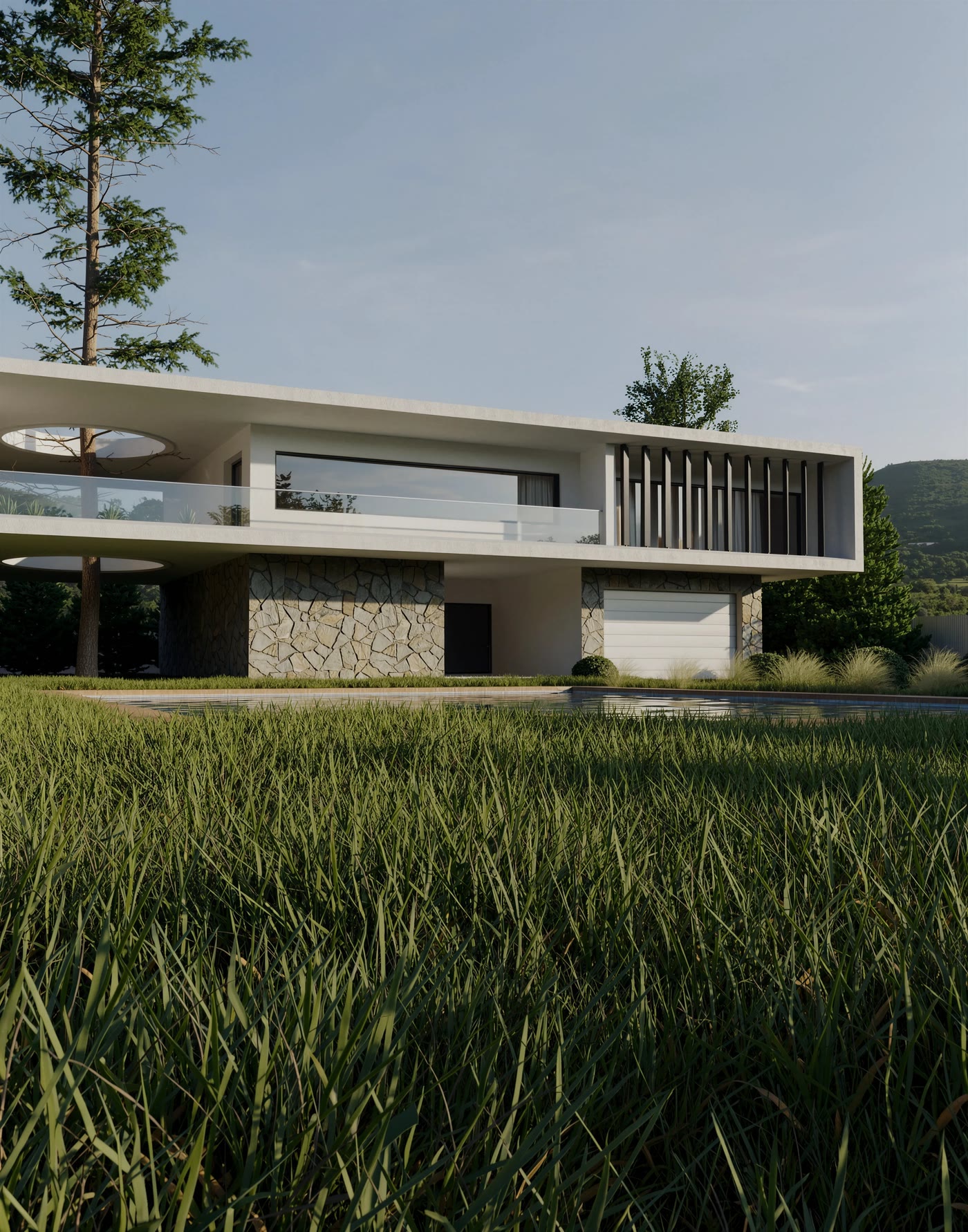 BC Villa, çimenlerin arasından teras ve çatı boşluğu