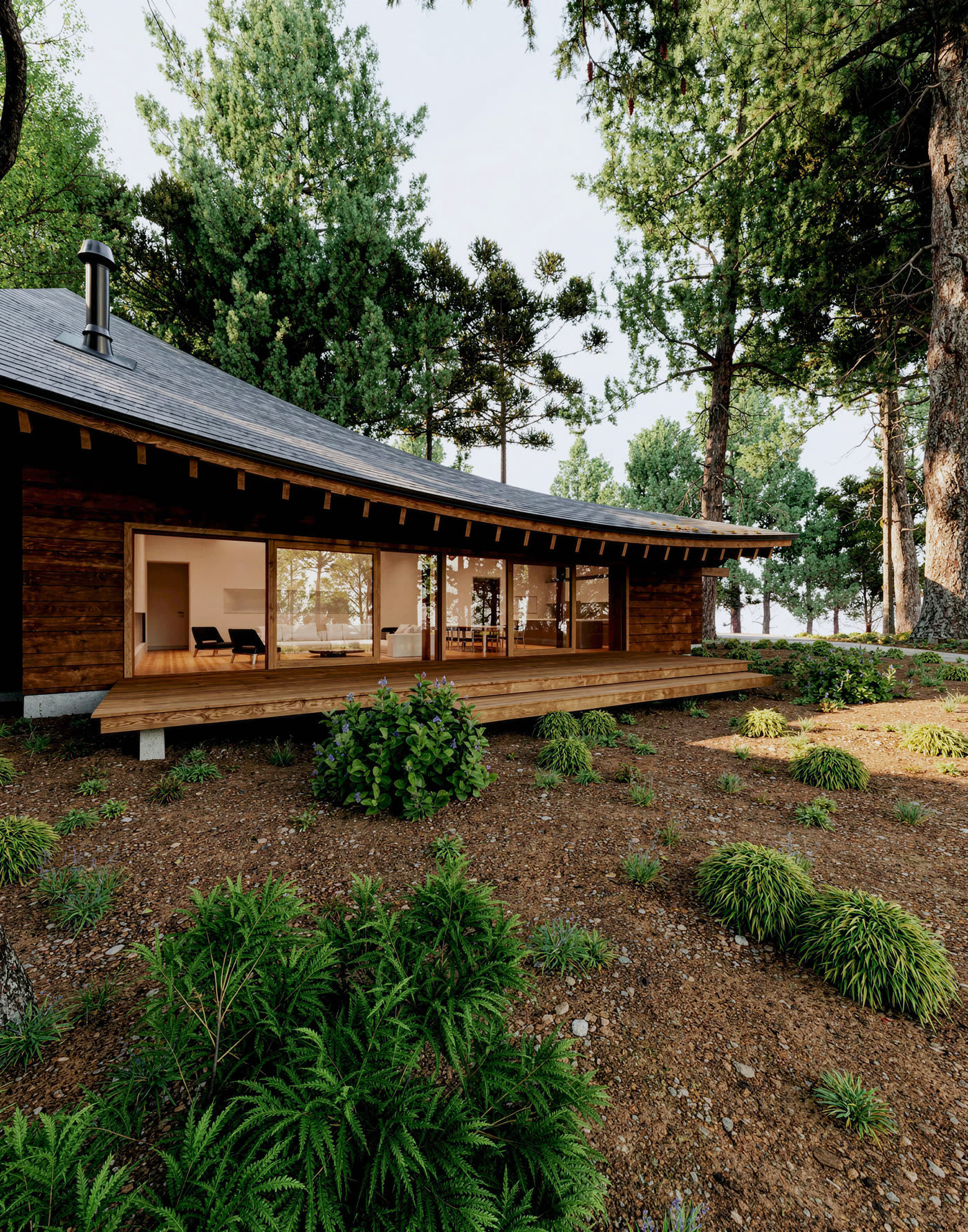 LV House, kavisli çatı ve ahşap teras